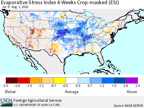 United States Evaporative Stress Index (ESI), 4-Weeks over Croplands Thematic Map For 8/3/2020 - 8/9/2020