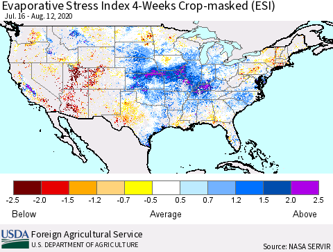 United States Evaporative Stress Index 4-Weeks Crop-masked (ESI) Thematic Map For 8/10/2020 - 8/16/2020