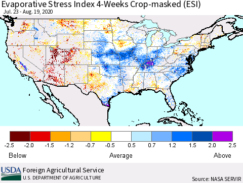 United States Evaporative Stress Index 4-Weeks Crop-masked (ESI) Thematic Map For 8/17/2020 - 8/23/2020
