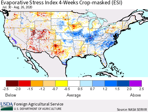 United States Evaporative Stress Index 4-Weeks Crop-masked (ESI) Thematic Map For 8/24/2020 - 8/30/2020