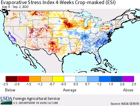 United States Evaporative Stress Index (ESI), 4-Weeks over Croplands Thematic Map For 8/31/2020 - 9/6/2020