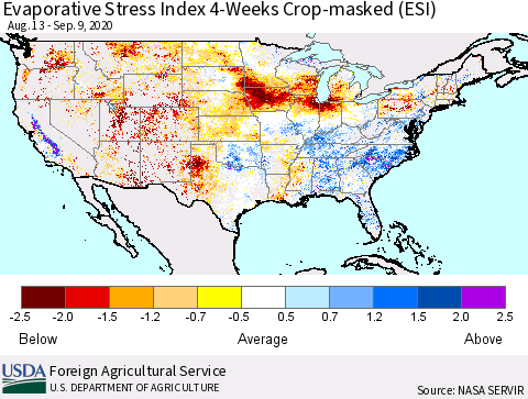 United States Evaporative Stress Index (ESI), 4-Weeks over Croplands Thematic Map For 9/7/2020 - 9/13/2020