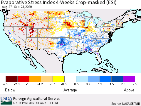 United States Evaporative Stress Index 4-Weeks Crop-masked (ESI) Thematic Map For 9/21/2020 - 9/27/2020