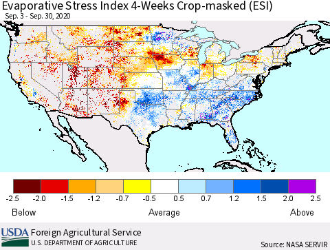 United States Evaporative Stress Index 4-Weeks Crop-masked (ESI) Thematic Map For 9/28/2020 - 10/4/2020