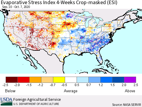 United States Evaporative Stress Index 4-Weeks Crop-masked (ESI) Thematic Map For 10/5/2020 - 10/11/2020