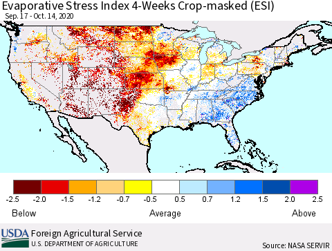 United States Evaporative Stress Index (ESI), 4-Weeks over Croplands Thematic Map For 10/12/2020 - 10/18/2020