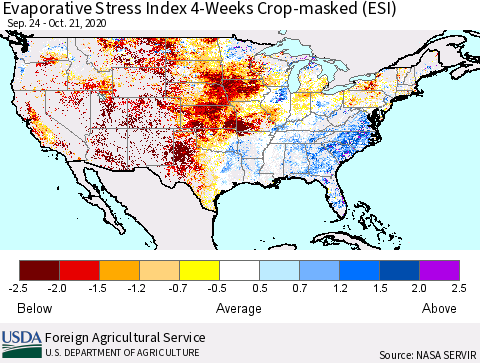United States Evaporative Stress Index (ESI), 4-Weeks over Croplands Thematic Map For 10/19/2020 - 10/25/2020