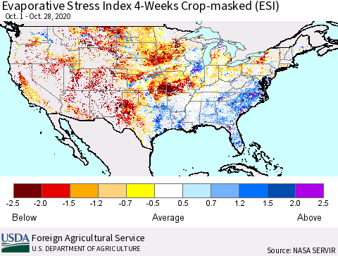 United States Evaporative Stress Index 4-Weeks Crop-masked (ESI) Thematic Map For 10/26/2020 - 11/1/2020