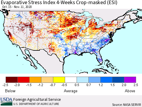 United States Evaporative Stress Index 4-Weeks Crop-masked (ESI) Thematic Map For 11/9/2020 - 11/15/2020