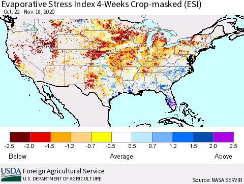 United States Evaporative Stress Index (ESI), 4-Weeks over Croplands Thematic Map For 11/16/2020 - 11/22/2020