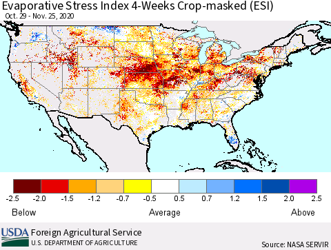 United States Evaporative Stress Index 4-Weeks Crop-masked (ESI) Thematic Map For 11/23/2020 - 11/29/2020