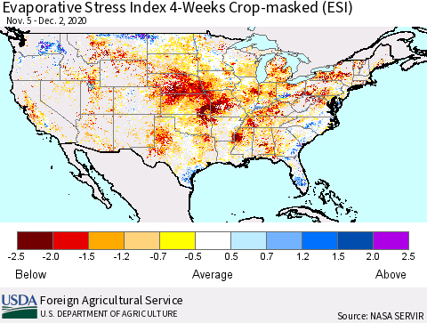 United States Evaporative Stress Index 4-Weeks Crop-masked (ESI) Thematic Map For 11/30/2020 - 12/6/2020