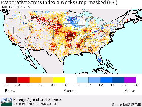United States Evaporative Stress Index (ESI), 4-Weeks over Croplands Thematic Map For 12/7/2020 - 12/13/2020