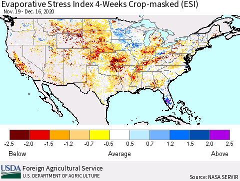United States Evaporative Stress Index (ESI), 4-Weeks over Croplands Thematic Map For 12/14/2020 - 12/20/2020