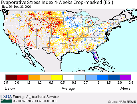 United States Evaporative Stress Index (ESI), 4-Weeks over Croplands Thematic Map For 12/21/2020 - 12/27/2020