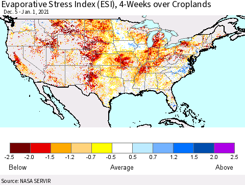 United States Evaporative Stress Index (ESI), 4-Weeks over Croplands Thematic Map For 12/28/2020 - 1/3/2021
