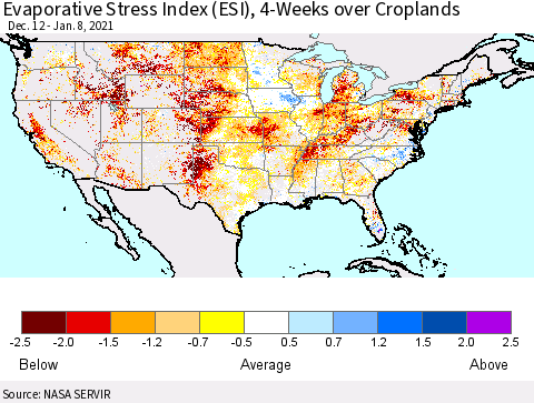 United States Evaporative Stress Index (ESI), 4-Weeks over Croplands Thematic Map For 1/4/2021 - 1/10/2021