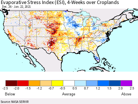 United States Evaporative Stress Index (ESI), 4-Weeks over Croplands Thematic Map For 1/18/2021 - 1/24/2021