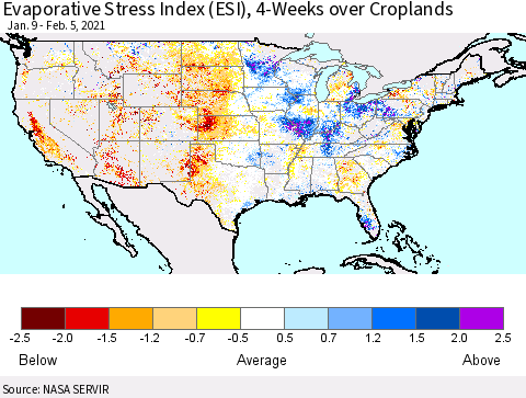 United States Evaporative Stress Index (ESI), 4-Weeks over Croplands Thematic Map For 2/1/2021 - 2/7/2021