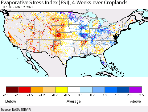 United States Evaporative Stress Index (ESI), 4-Weeks over Croplands Thematic Map For 2/8/2021 - 2/14/2021
