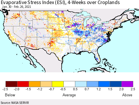 United States Evaporative Stress Index (ESI), 4-Weeks over Croplands Thematic Map For 2/22/2021 - 2/28/2021