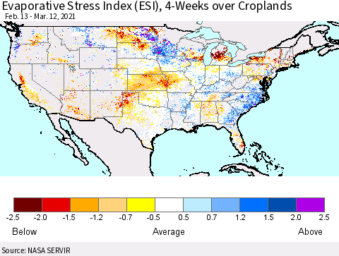 United States Evaporative Stress Index 4-Weeks Crop-masked (ESI) Thematic Map For 3/8/2021 - 3/14/2021