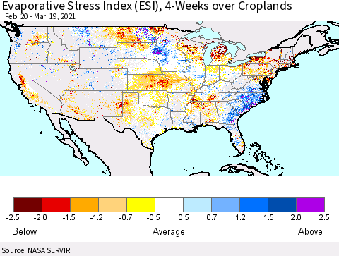 United States Evaporative Stress Index (ESI), 4-Weeks over Croplands Thematic Map For 3/15/2021 - 3/21/2021