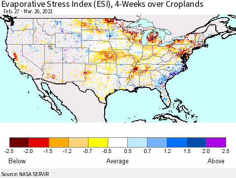 United States Evaporative Stress Index (ESI), 4-Weeks over Croplands Thematic Map For 3/22/2021 - 3/28/2021