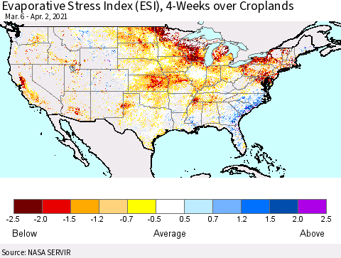 United States Evaporative Stress Index (ESI), 4-Weeks over Croplands Thematic Map For 3/29/2021 - 4/4/2021