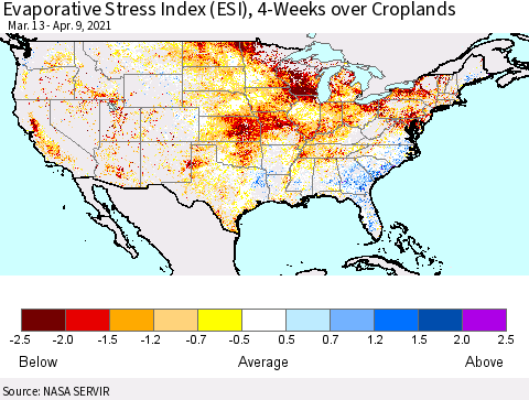 United States Evaporative Stress Index (ESI), 4-Weeks over Croplands Thematic Map For 4/5/2021 - 4/11/2021