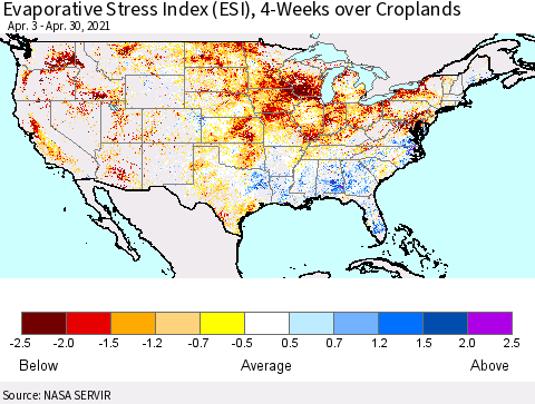 United States Evaporative Stress Index (ESI), 4-Weeks over Croplands Thematic Map For 4/26/2021 - 5/2/2021