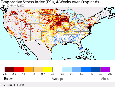 United States Evaporative Stress Index (ESI), 4-Weeks over Croplands Thematic Map For 5/3/2021 - 5/9/2021