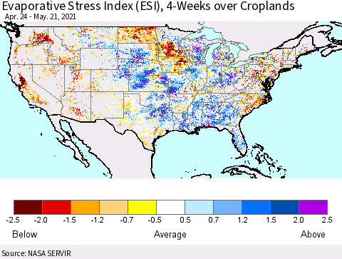 United States Evaporative Stress Index (ESI), 4-Weeks over Croplands Thematic Map For 5/17/2021 - 5/23/2021