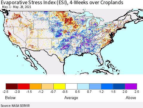 United States Evaporative Stress Index (ESI), 4-Weeks over Croplands Thematic Map For 5/24/2021 - 5/30/2021