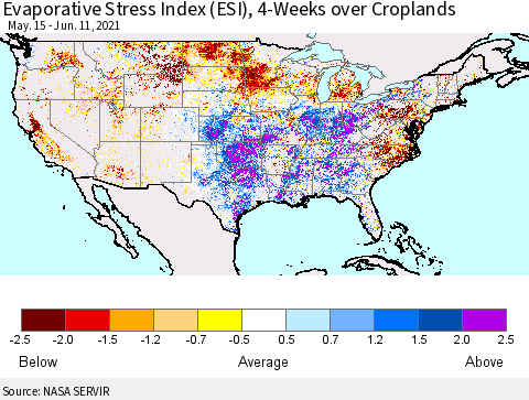 United States Evaporative Stress Index 4-Weeks Crop-masked (ESI) Thematic Map For 6/7/2021 - 6/13/2021
