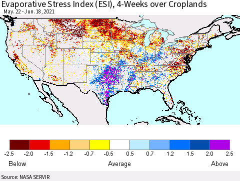 United States Evaporative Stress Index 4-Weeks Crop-masked (ESI) Thematic Map For 6/14/2021 - 6/20/2021