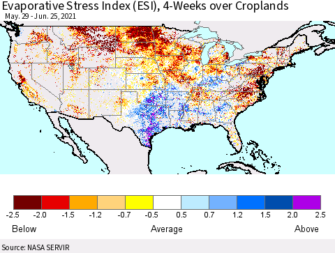 United States Evaporative Stress Index (ESI), 4-Weeks over Croplands Thematic Map For 6/21/2021 - 6/27/2021