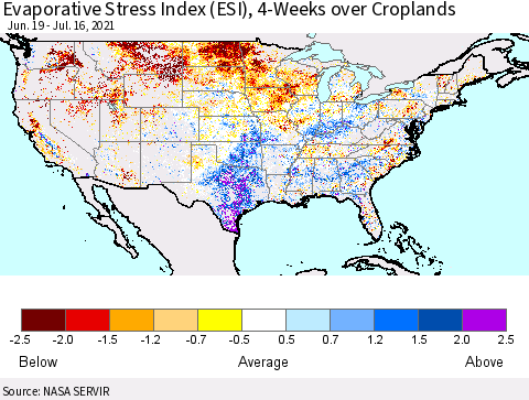 United States Evaporative Stress Index 4-Weeks Crop-masked (ESI) Thematic Map For 7/12/2021 - 7/18/2021