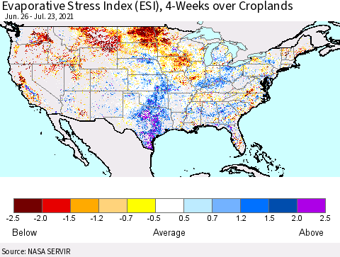 United States Evaporative Stress Index (ESI), 4-Weeks over Croplands Thematic Map For 7/19/2021 - 7/25/2021