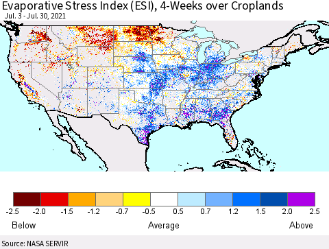 United States Evaporative Stress Index (ESI), 4-Weeks over Croplands Thematic Map For 7/26/2021 - 8/1/2021