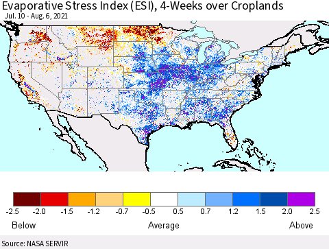United States Evaporative Stress Index (ESI), 4-Weeks over Croplands Thematic Map For 8/2/2021 - 8/8/2021