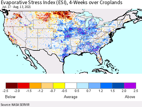 United States Evaporative Stress Index (ESI), 4-Weeks over Croplands Thematic Map For 8/9/2021 - 8/15/2021