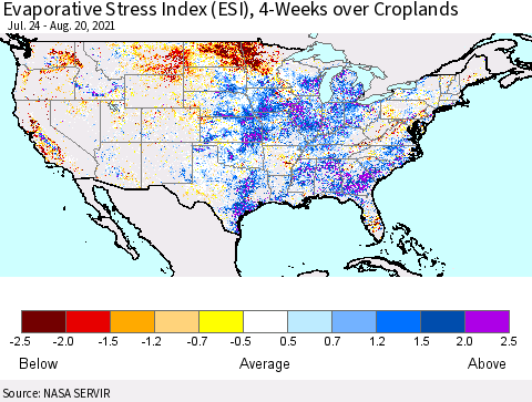 United States Evaporative Stress Index (ESI), 4-Weeks over Croplands Thematic Map For 8/16/2021 - 8/22/2021