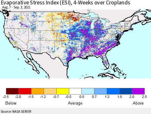 United States Evaporative Stress Index (ESI), 4-Weeks over Croplands Thematic Map For 8/30/2021 - 9/5/2021