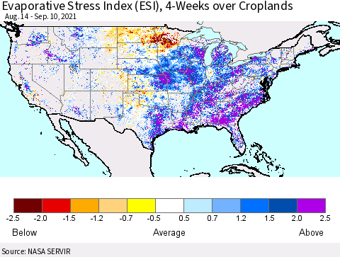 United States Evaporative Stress Index (ESI), 4-Weeks over Croplands Thematic Map For 9/6/2021 - 9/12/2021