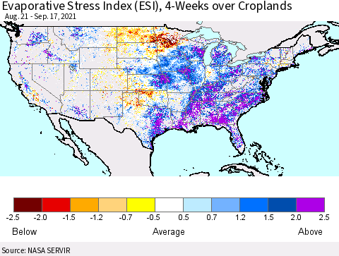 United States Evaporative Stress Index (ESI), 4-Weeks over Croplands Thematic Map For 9/13/2021 - 9/19/2021