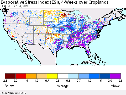 United States Evaporative Stress Index 4-Weeks Crop-masked (ESI) Thematic Map For 9/20/2021 - 9/26/2021