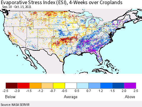 United States Evaporative Stress Index 4-Weeks Crop-masked (ESI) Thematic Map For 10/11/2021 - 10/17/2021