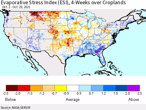 United States Evaporative Stress Index (ESI), 4-Weeks over Croplands Thematic Map For 10/25/2021 - 10/31/2021