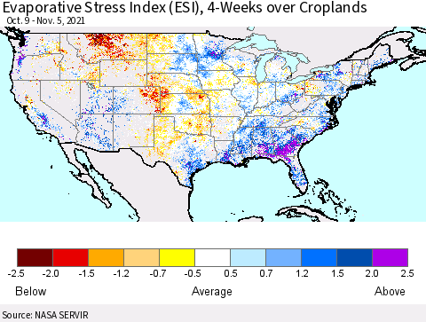United States Evaporative Stress Index (ESI), 4-Weeks over Croplands Thematic Map For 11/1/2021 - 11/7/2021